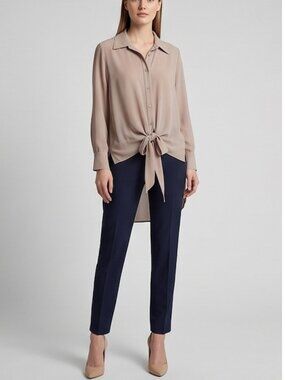 Brian Bailey Designer Beige Chiffon Long Sleeve Front-Tie High-Low Blouse